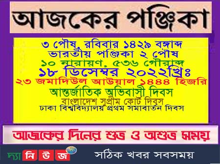 আজ ১৮ ডিসেম্বর রবিবারের দিনপঞ্জি