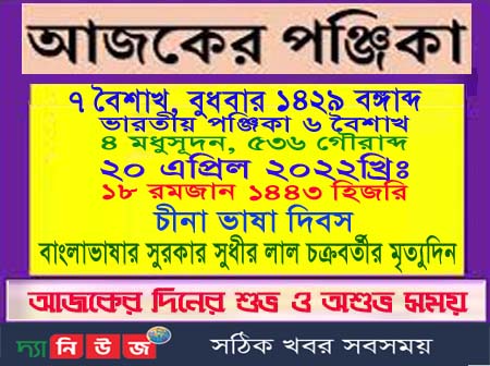 আজ ৭ বৈশাখ বুধবারের দিনপঞ্জি