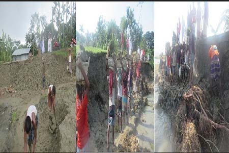 ভোলার মনপুরা গ্রামবাসীর সহযোগীতায় নদীভাঙ্গন রোধে বেড়ীবাধ নির্মাণ