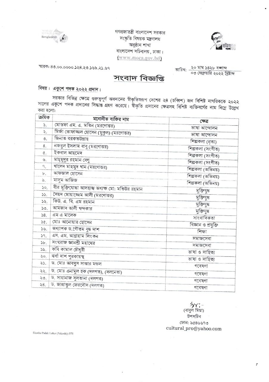 ২০২২ সালের একুশে পদক পাচ্ছেন ২৪ জন বিশিষ্ট নাগরিক