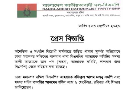 সংগঠনবিরোধী কর্মকাণ্ডের অভিযোগে বিএনপি নেতা বহিষ্কার