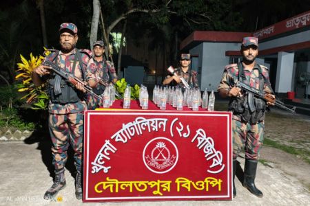 বেনাপোল দৌলতপুর সিমান্ত এলাকায় বিজিবি অভিযানে ৩৪ বোতল ভারতীয় পাঞ্চ মদ উদ্ধার