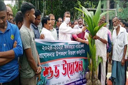 ঝিকরগাছায় সরকারি প্রনোদনা কর্মসূচির আওতায় নারিকেল চারা বিতরণ
