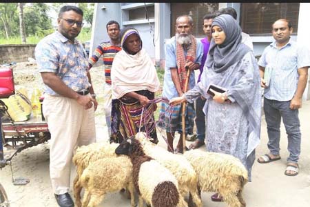 ধামইরহাটে ভিক্ষুকদের মাঝে ভেড়া বিতরণ