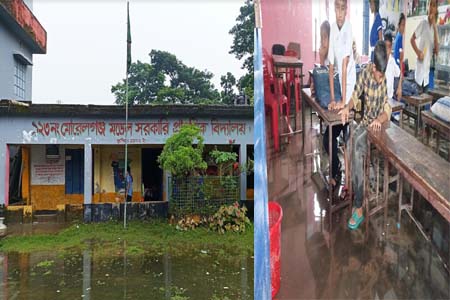 বাগেরহাটের মোরেলগঞ্জে বৃষ্টি হলেই শ্রেণি কক্ষে হাঁটু পানি, ব্যাহত পাঠদান